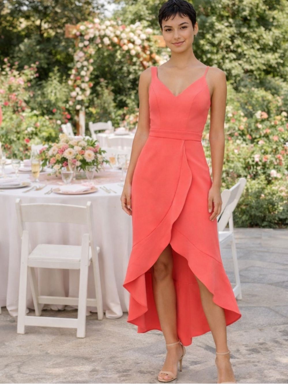 AQUA Coral Asymmetrical Midi Dress Size 0 – Ruffle Hem V-Neck Formal Dress